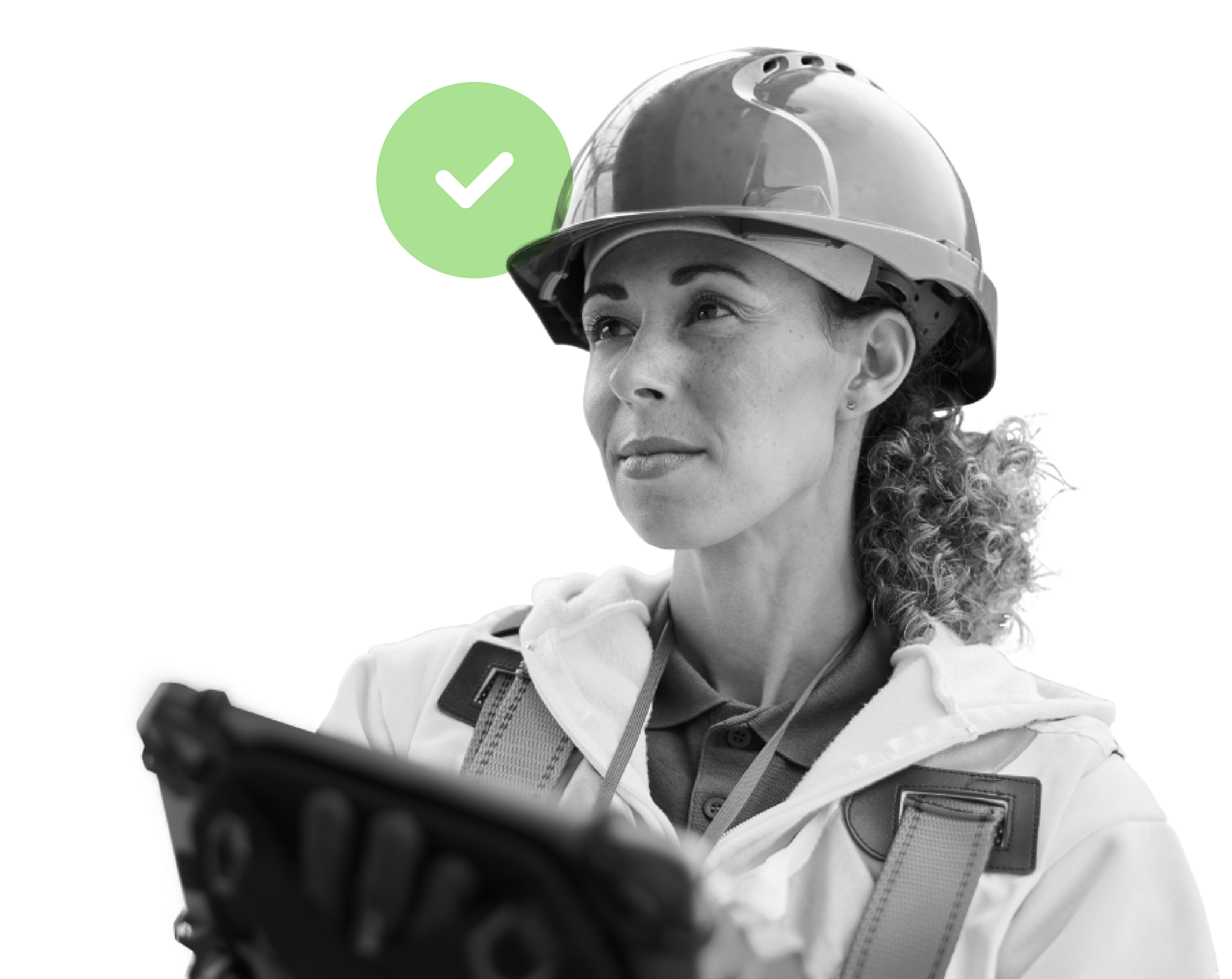 female construction worker hard hat klipboard product handheld device