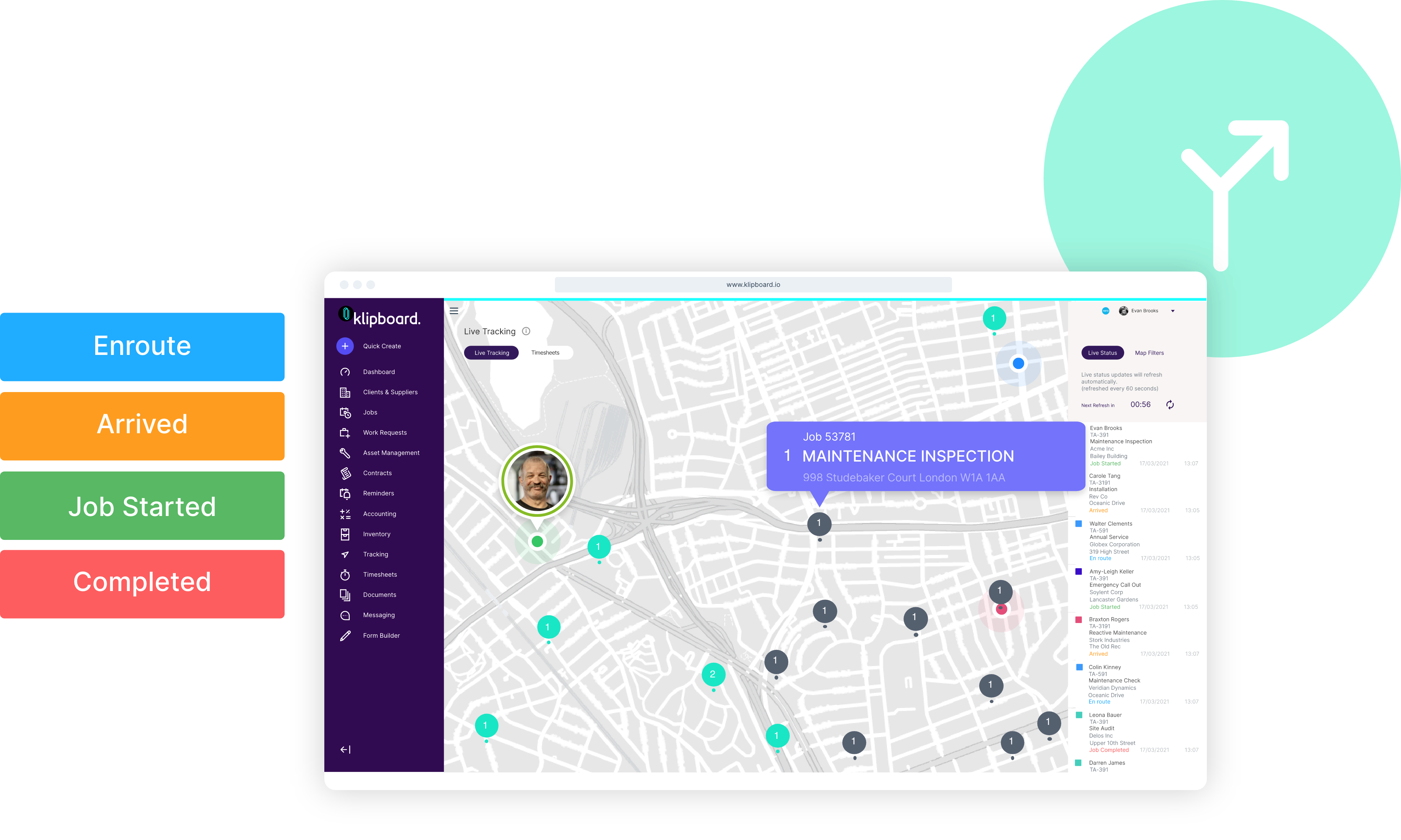 klipboard software screenshot live tracking map job status