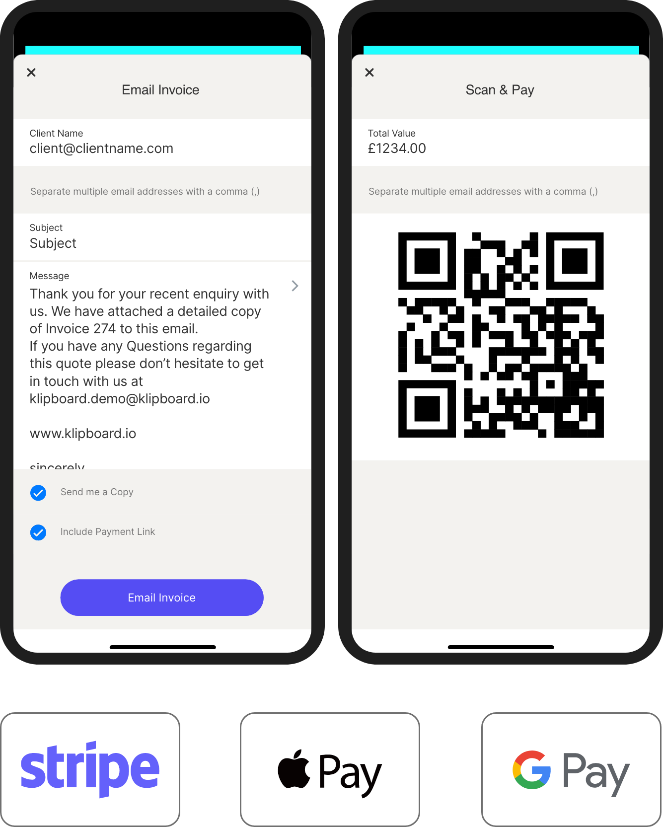 screenshot of klipboard software three mobile devices app stripe apple pay 